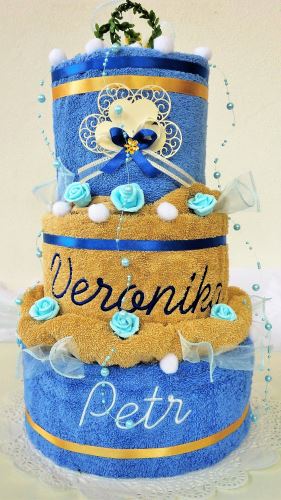 Veratex Textilní dort s vyšitými jmény novomanželů modro/béžový