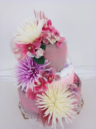 Veratex Textilní dort třípatrový - ružové chryzantémy