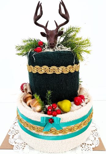 Textilní dort myslivecký dvoupatrový z ručníků a osušky s jelenem