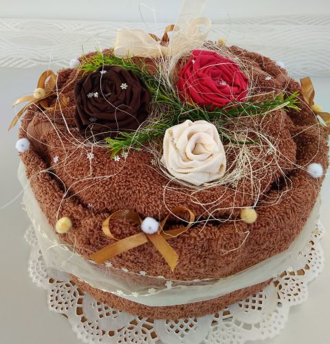 Veratex Textilní dort hnědý růžičky