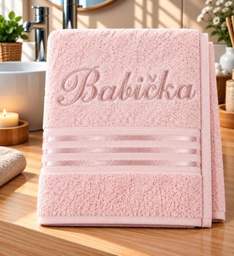 Froté ručník kolekce Linie s výšivkou Babička růžová 50x100 cm