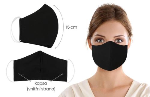 Ústní rouška bavlněná na gumičku s vnitřní kapsou černá (délka oblouku 15cm) SKLADEM POSLEDNÍ 3KS