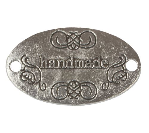 Nášivka Hand Made kovová stříbrná s černým písmem 32x19 mm