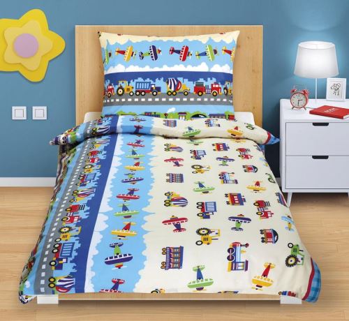 Povlečení bavlněné Junior 70x90-140x200 letadla a auta modrá