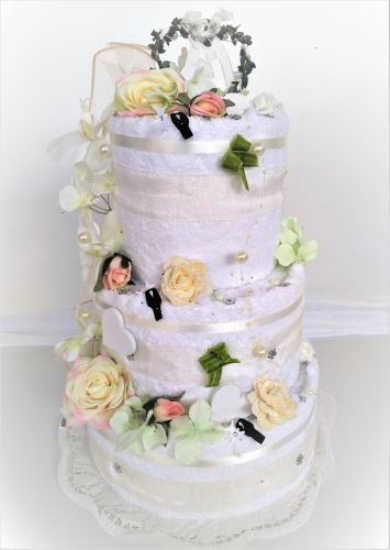 Veratex Textilní svatební dort třípatrový bílá růže 2ks osuška 2ks ručník