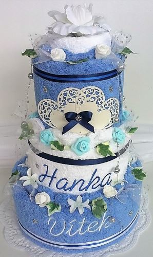 Veratex Textilní dort třípatrový - modro/ bílý s vyšitými jmény novomanželů