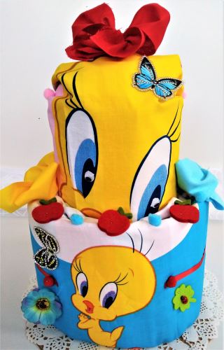Textilní dort dvoupatrový Tweety (1ks Bavlněného povlečení Tweety na velkou postel)