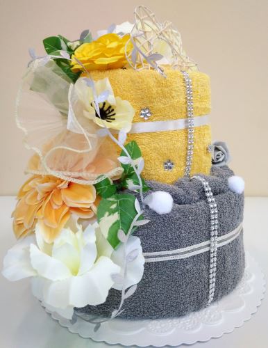 Veratex Textilní dort dvoupatrový šedožlutá růže