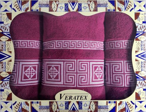 Luxusní dárkový froté set 1 osuška 2 ručníky - Řecká kolekce vínová