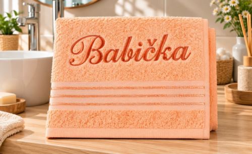 Froté ručník kolekce Linie s výšivkou Babička Oranžová 50x100 cm