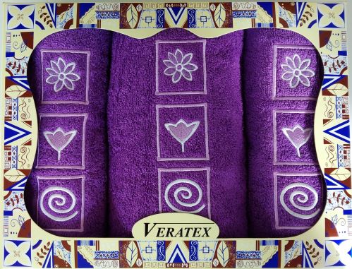 Luxusní dárkový vyšívaný froté set 1 osuška 2 ručníky (fialová)