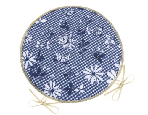 Sedák DITA kulatý hladký modrá kostička s květem průměr 40 cm, výška puru 2 cm