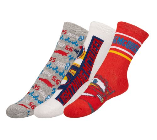 Ponožky dětské Auta - sada 3 páry bílá, červená, oranžová, modrá, šedá