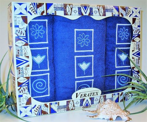 Luxusní dárkový vyšívaný froté set 1 osuška 2 ručníky (tm.modrá)