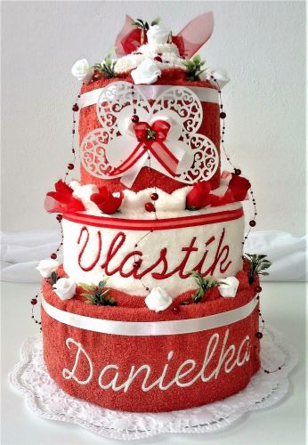Veratex Textilní dort s vyšitými jmény novomanželů smetanovo/červený