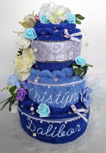 Veratex Textilní dort třípatrový - modrý s vyšitými jmény novomanželů
